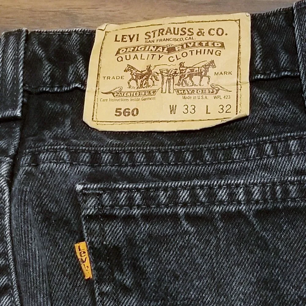Levi's 560 Orange Tab Jeans Men's Size 33x32 Black Denim 1993 USA Made (34x31.5)
